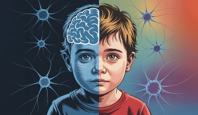 Illustration eines Kindes mit geteilter Darstellung: linke Seite mit neuronalen Mustern, rechte Seite mit emotionalem Gesichtsausdruck. Thema Autismus.